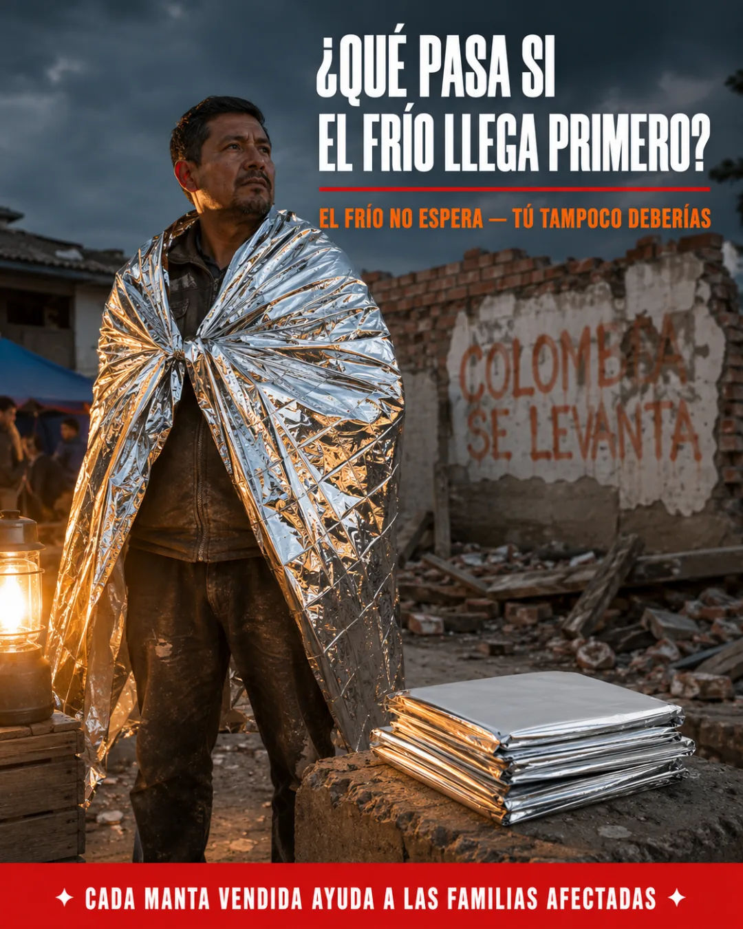 Familia en emergencia nocturna sin protección térmica