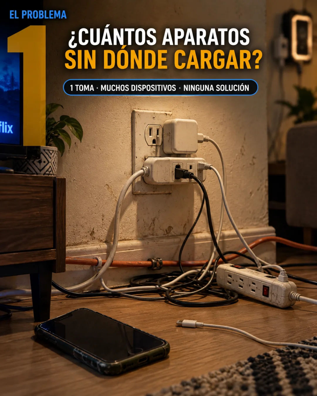 Familia en apartamento con tomacorriente saturado y cables en el piso