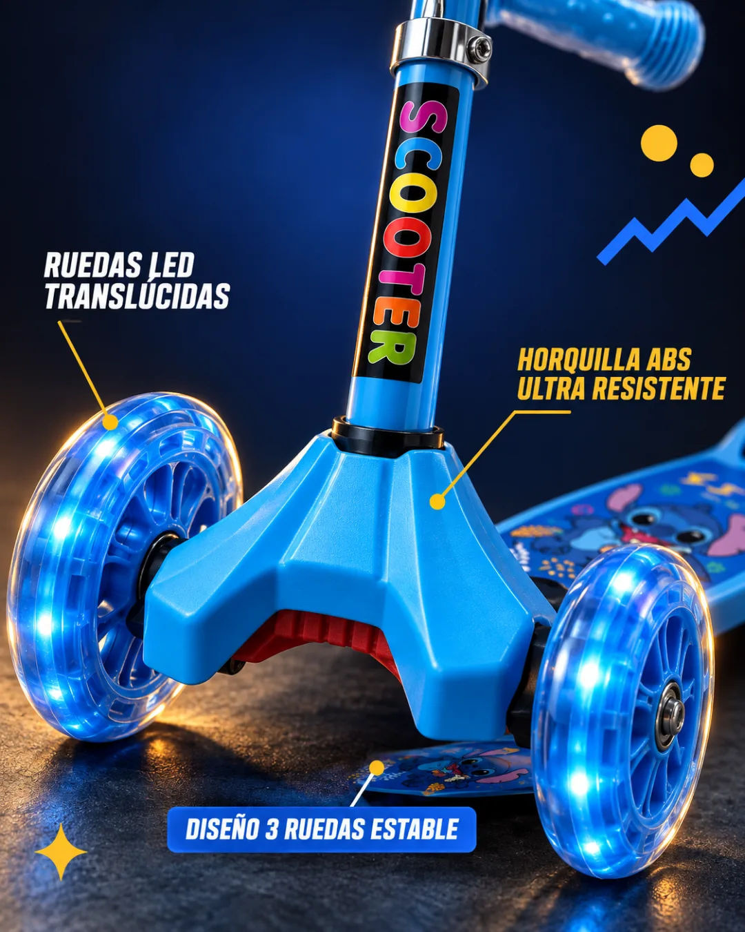 Niño rodando en monopatín azul Stitch con ruedas LED encendidas