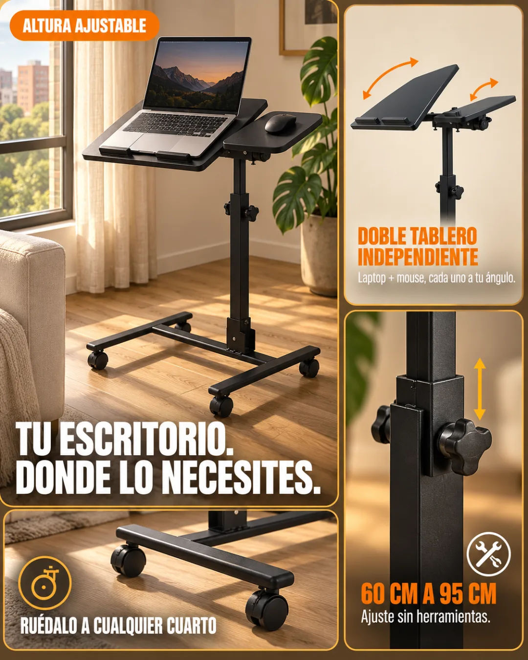 Mesa folding con ruedas: estructura de acero, freno de palanca y superficie ajustable