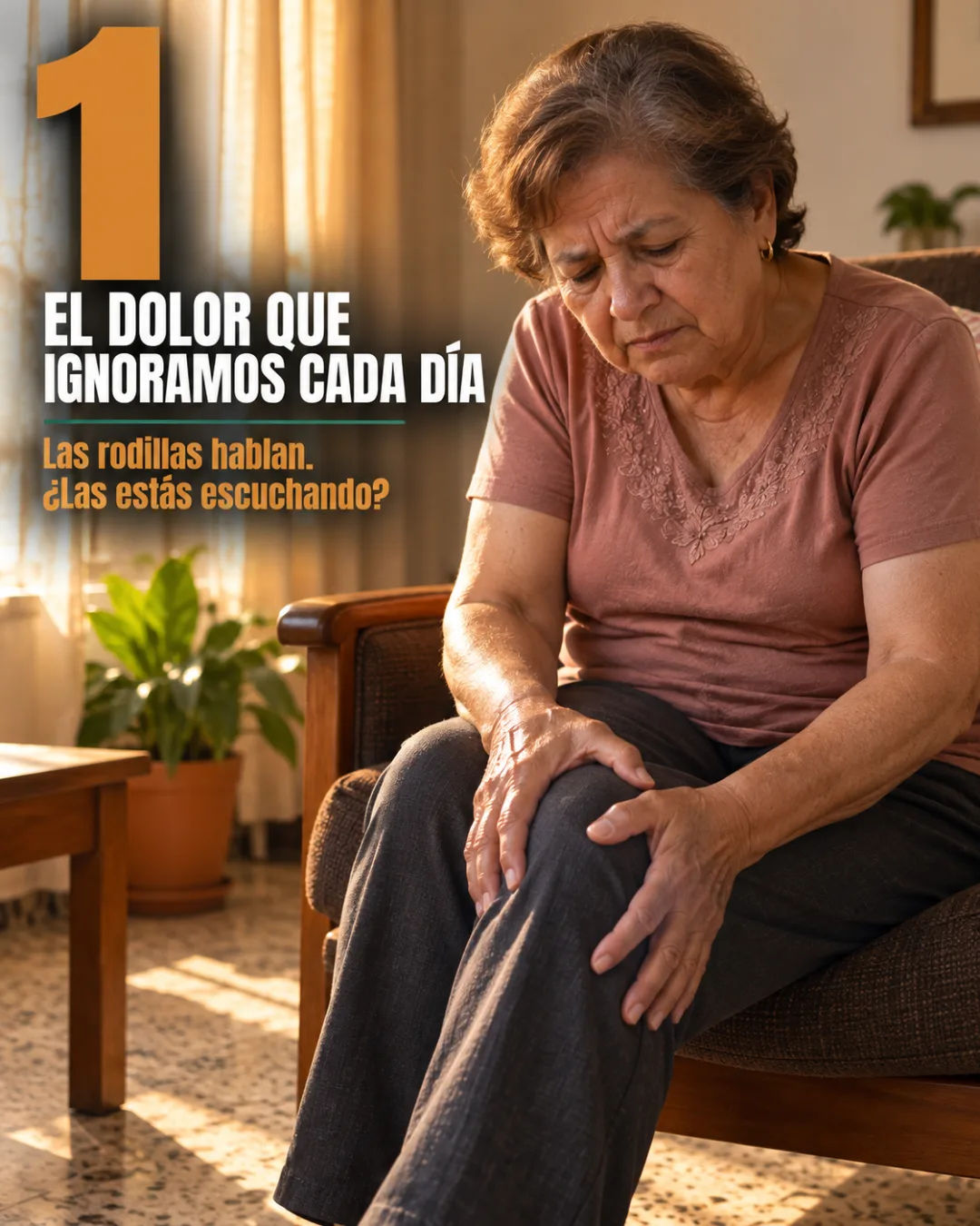 Señora mayor apoyándose en la mesa para levantarse de la silla
