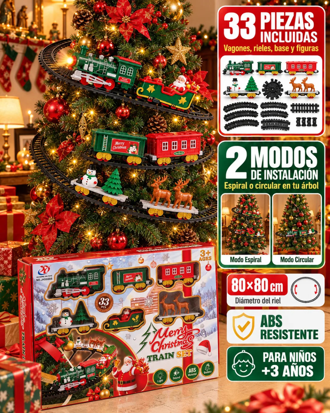 Set completo de 33 piezas: locomotora, vagones, rieles y figuras navideñas sobre el árbol