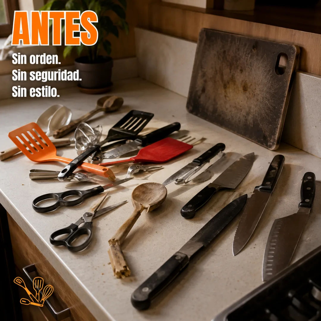 Cajón de cocina desordenado — el antes