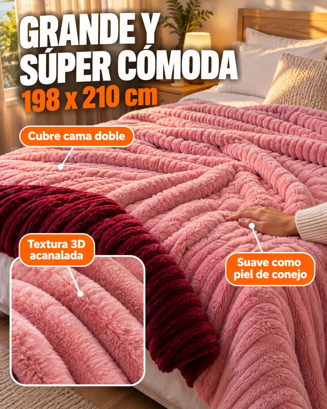 Cobija rosa acanalada 3D extendida sobre la cama
