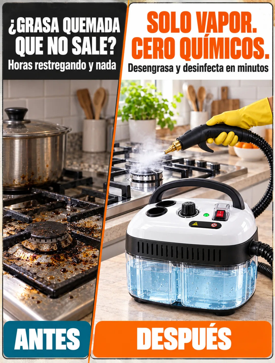 Limpiador a vapor portátil quitando grasa de una superficie