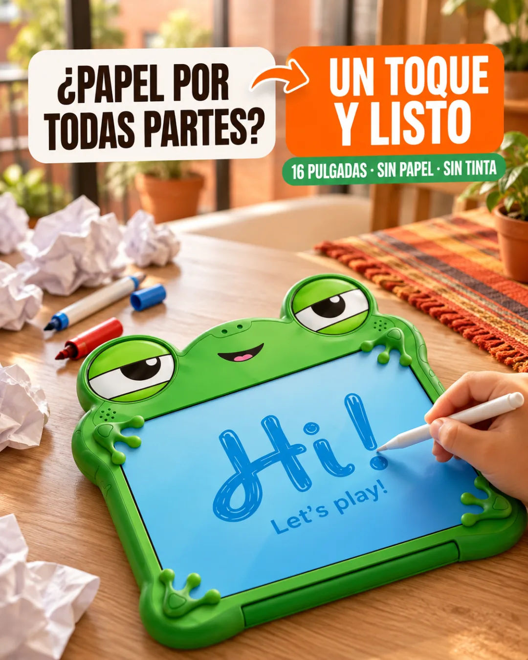 Tablet rana de escritura sobre una mesa sin hojas ni colores regados