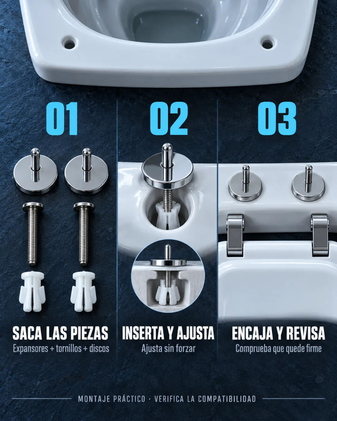 Proceso de instalación del soporte para tapa de inodoro