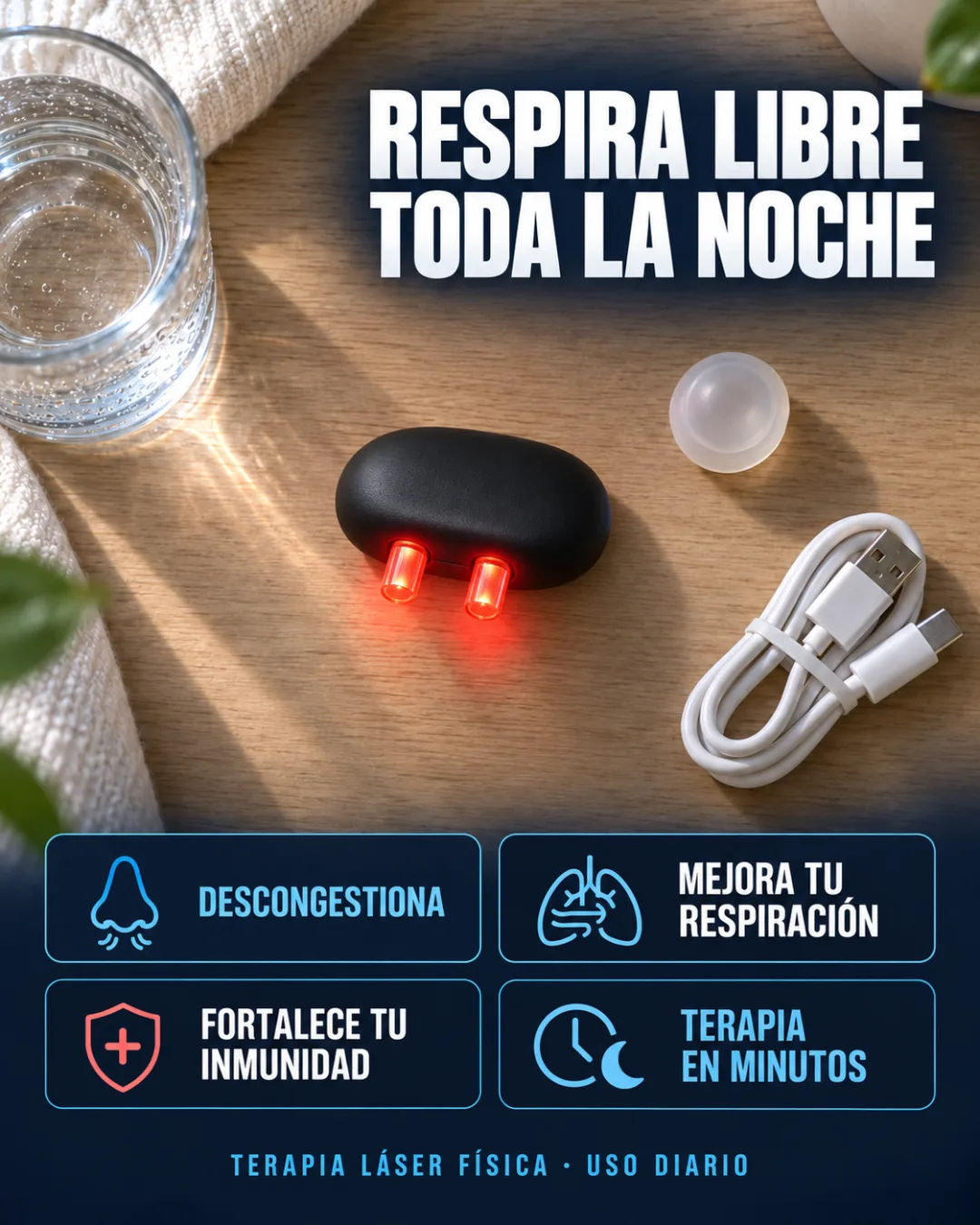 Dispositivo portátil para rinitis mostrando sus componentes principales