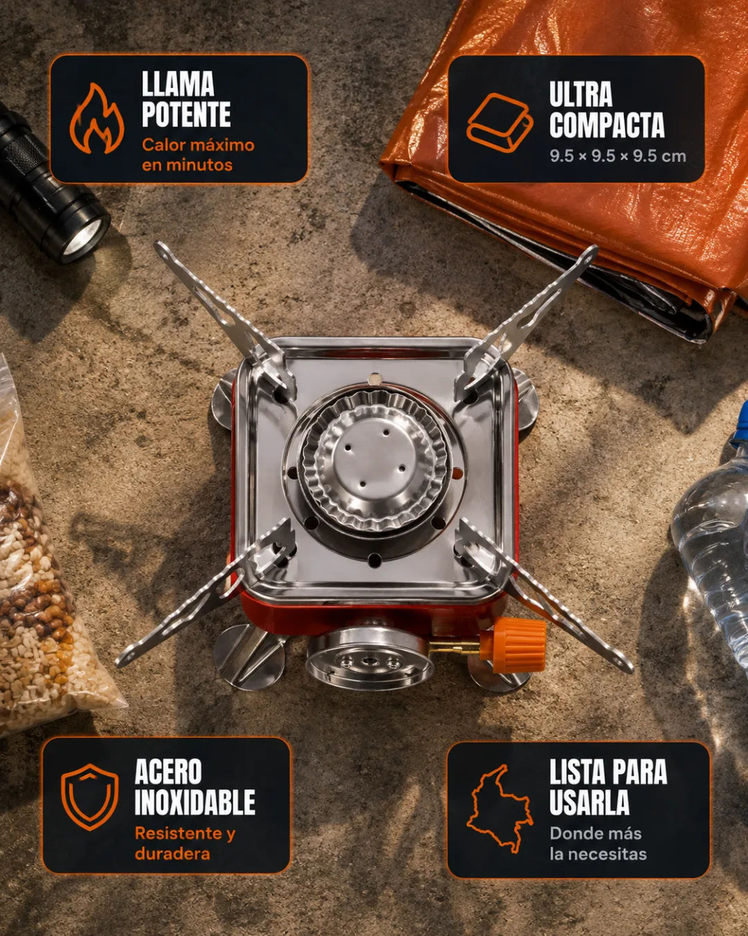 Estufa portátil de prevención sísmica — vista técnica