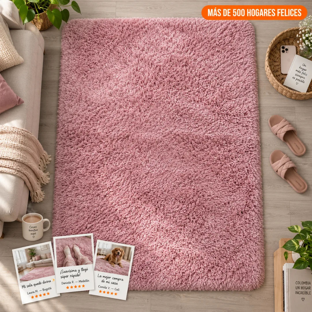 Sala transformada con alfombra shaggy beige