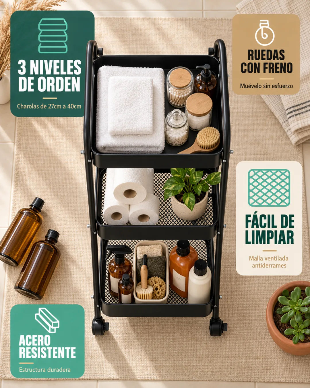Carrito organizador de 3 niveles en cocina pequeña