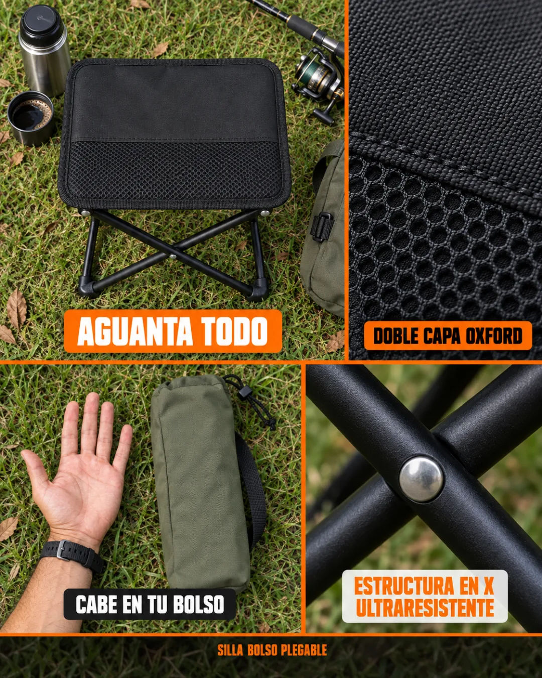 Silla bolso plegable portátil desplegada mostrando estructura metálica y tela Oxford