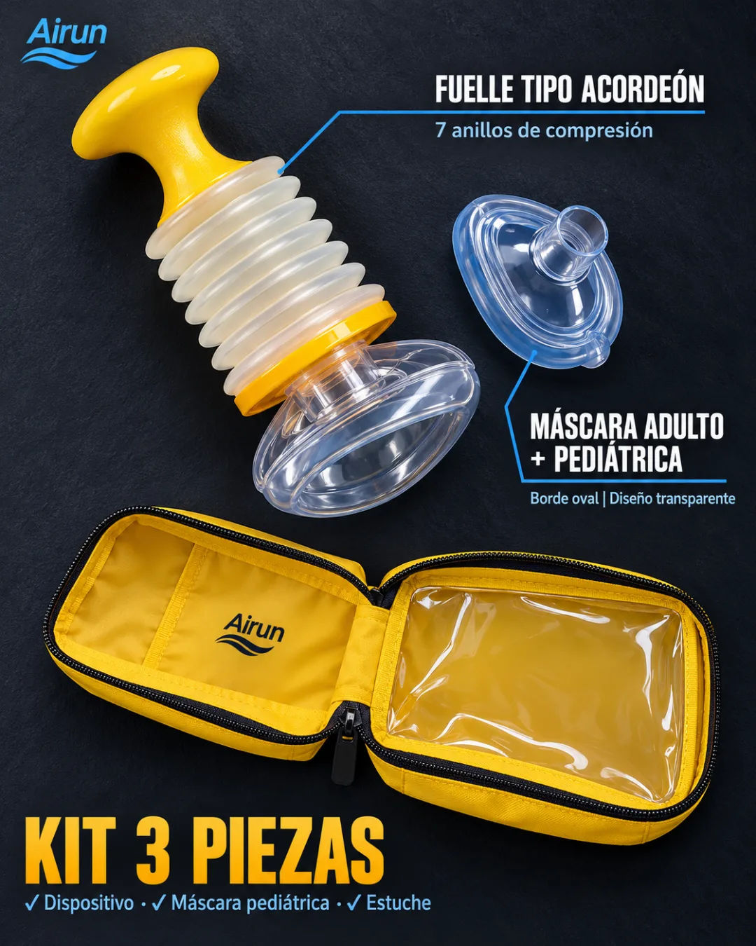 Estuche amarillo con máscara adulto y máscara pediátrica del dispositivo anti asfixia Airun