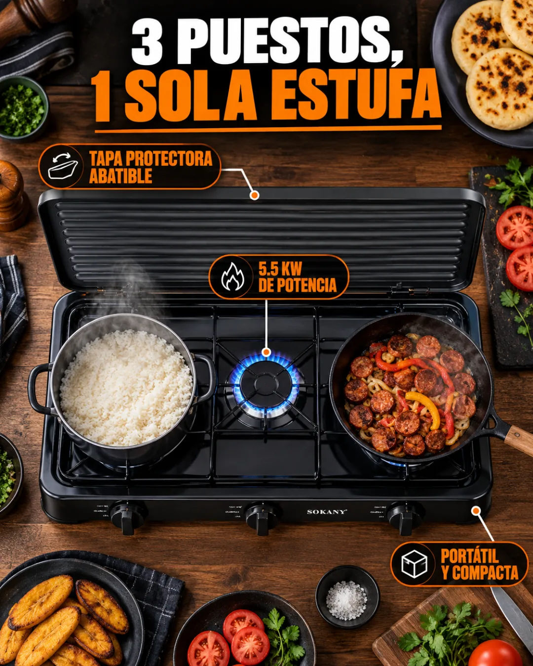 Estufa SOKANY de tres puestos con tapa abatible