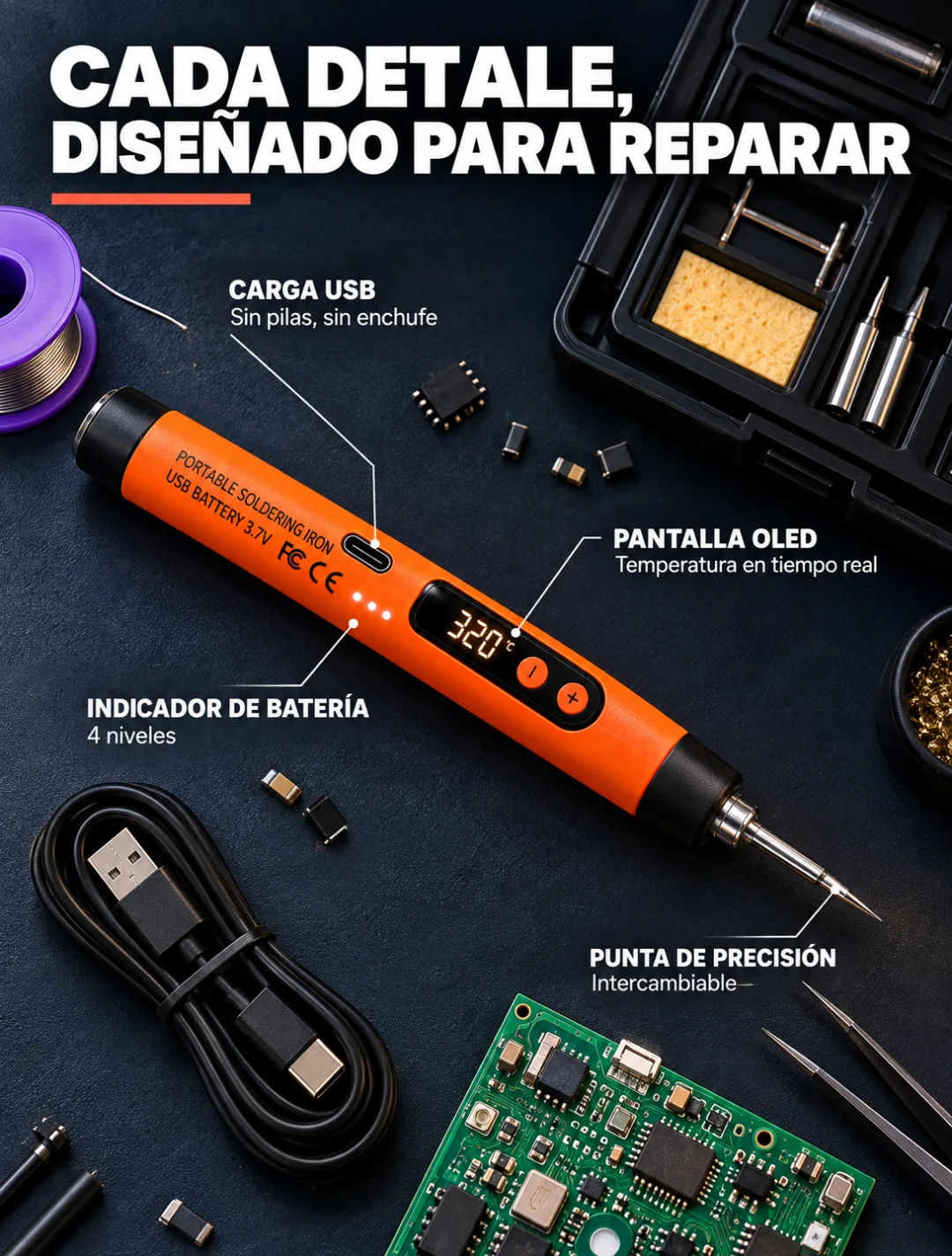 Pantalla OLED del soldador mostrando temperatura en tiempo real