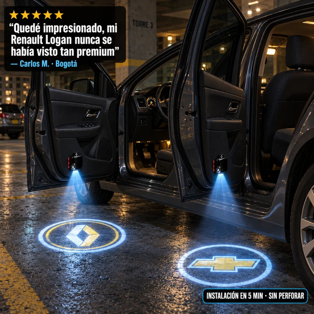 Conductor colombiano con las luces LED instaladas en su carro mostrando el logo proyectado en el piso