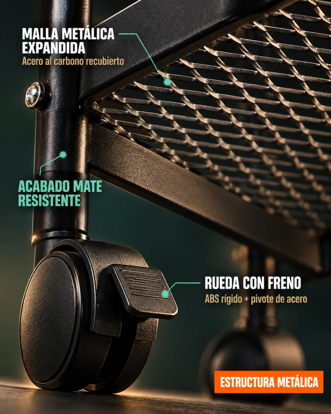 Carrito organizador metálico de 3 niveles con ruedas y ganchos laterales