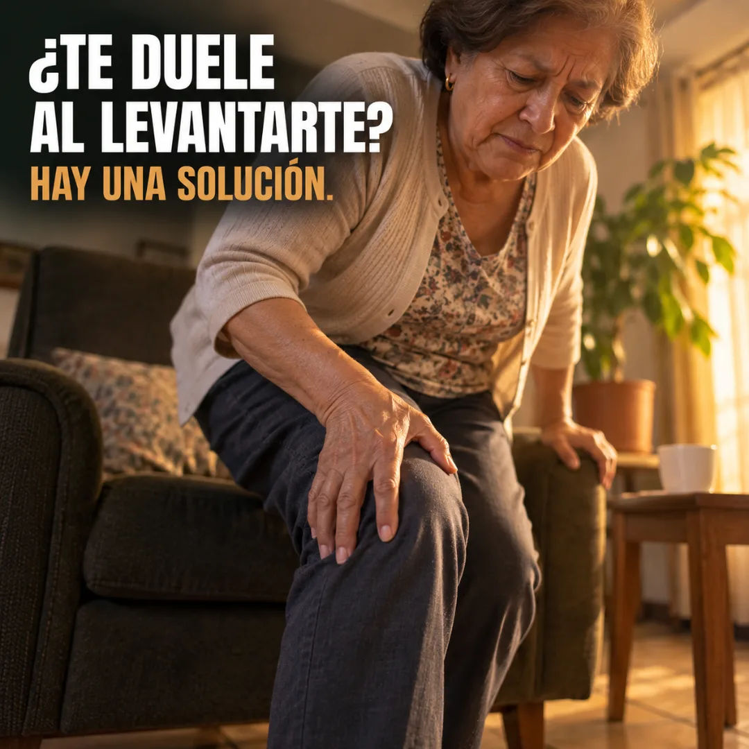 Señora mayor ajustando el masajeador de rodilla con velcro, sentada cómodamente en su silla