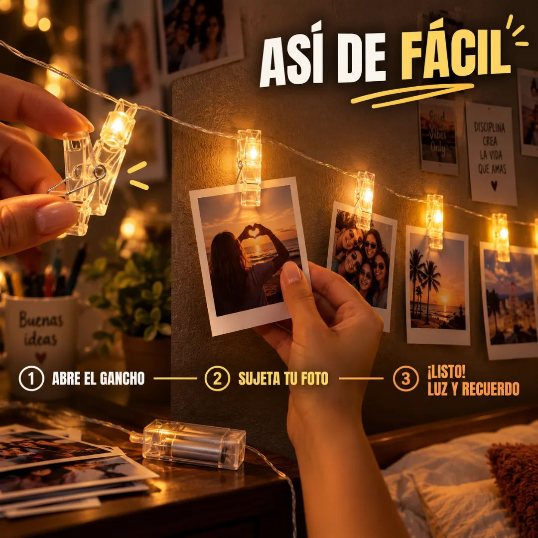 Setup con ganchos LED instalados en la pared, fotos colgadas con luz propia