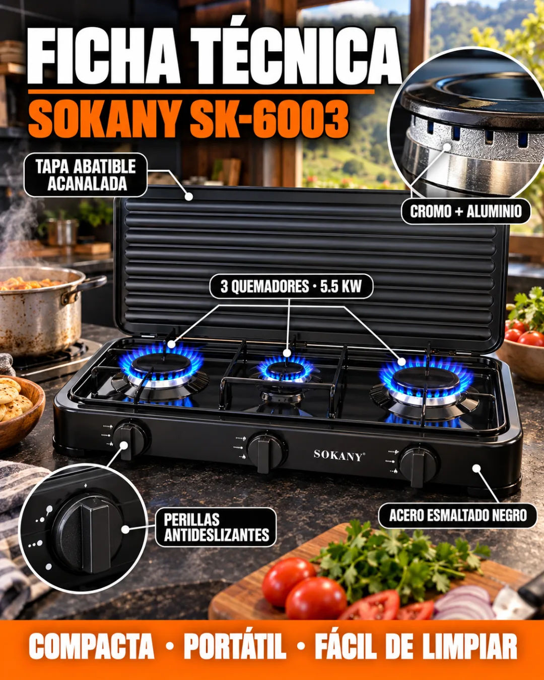 Ficha técnica estufa SOKANY SK-6003 de tres puestos