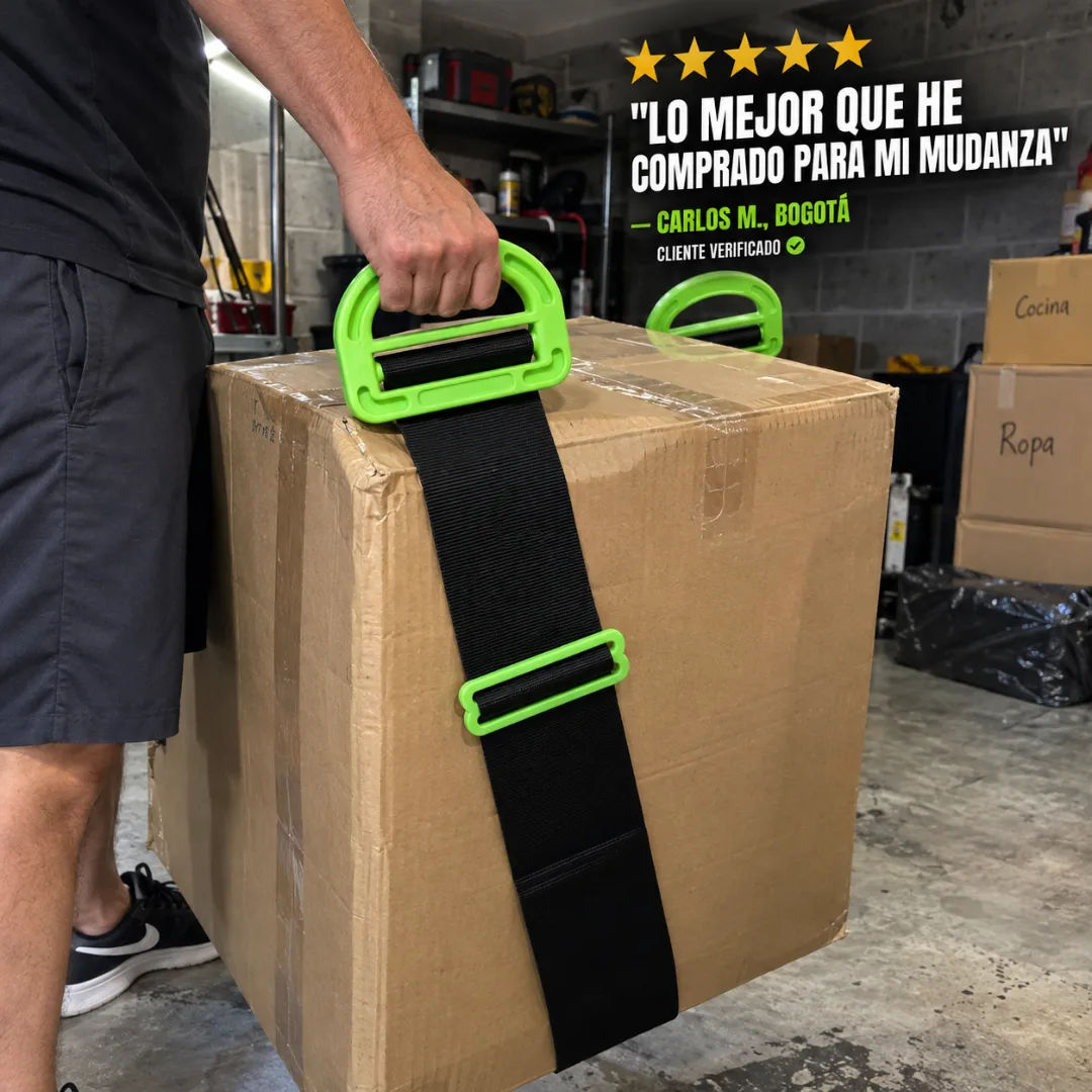 Persona usando el cinturón para levantar muebles en mudanza