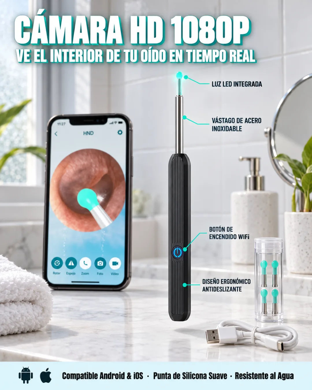 Limpiador de oídos con cámara HD mostrando la lente LED y el cuerpo ABS