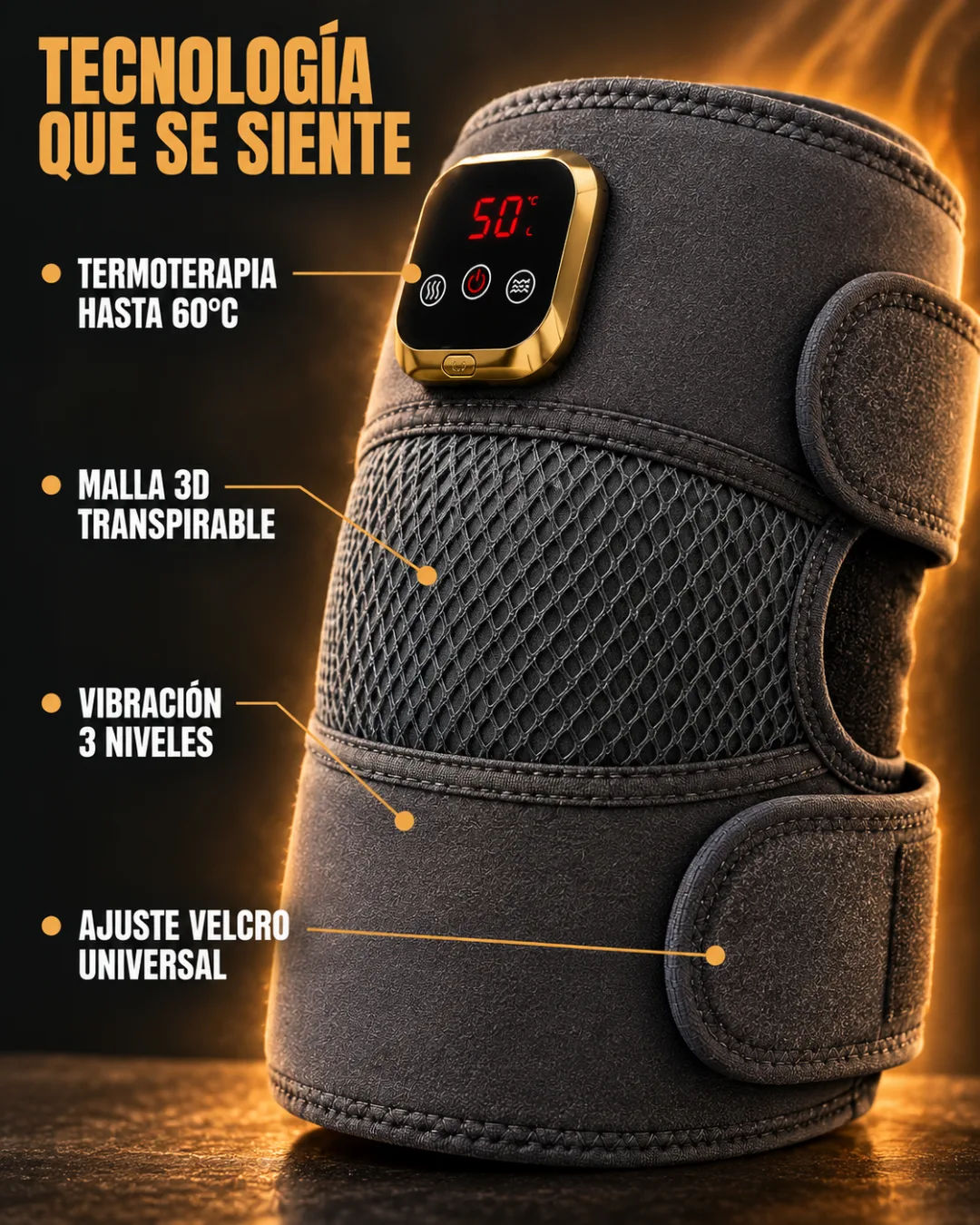 Masajeador de rodilla térmica mostrando la manga de tela de buceo y el panel de control