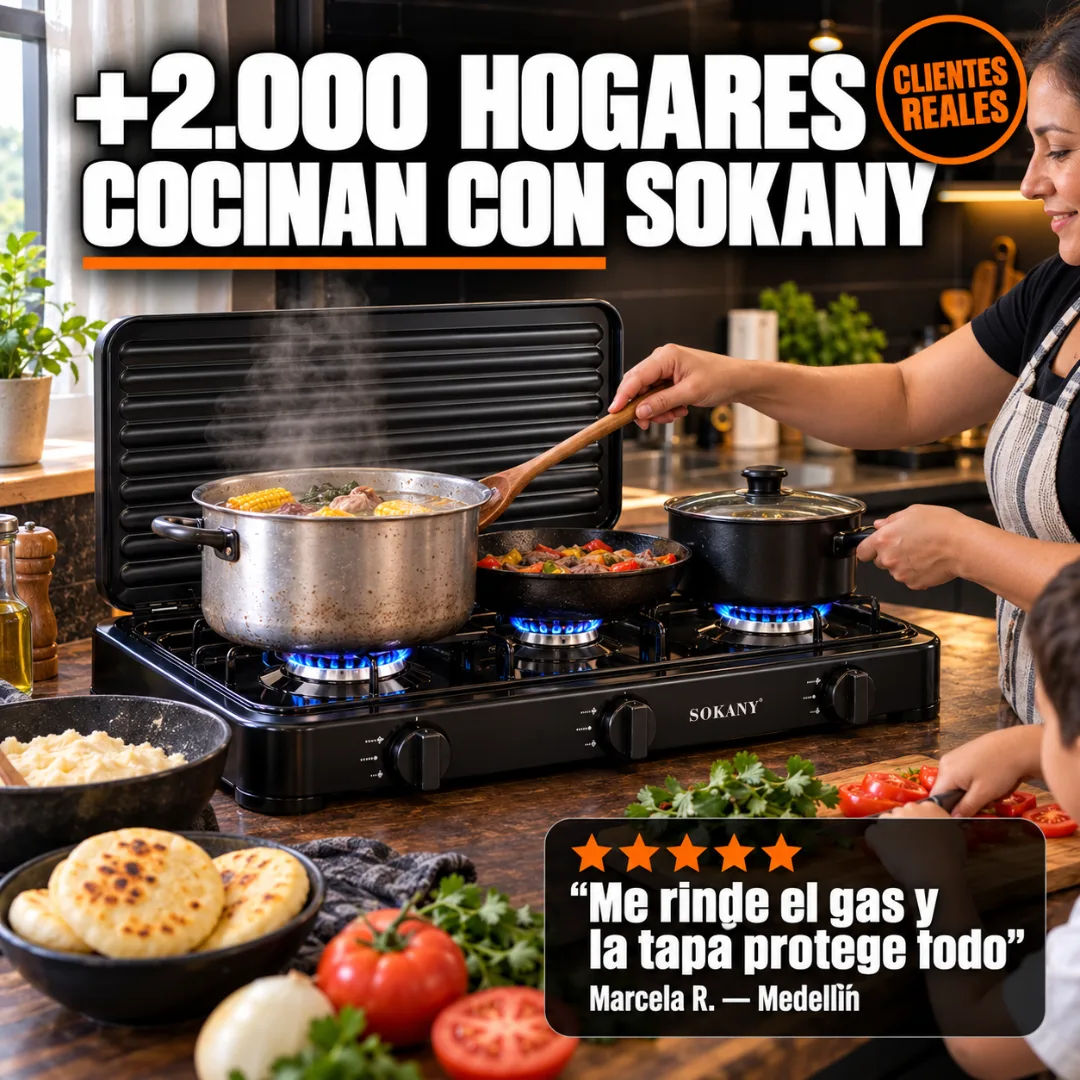 Estufa SOKANY de tres puestos en cocina familiar