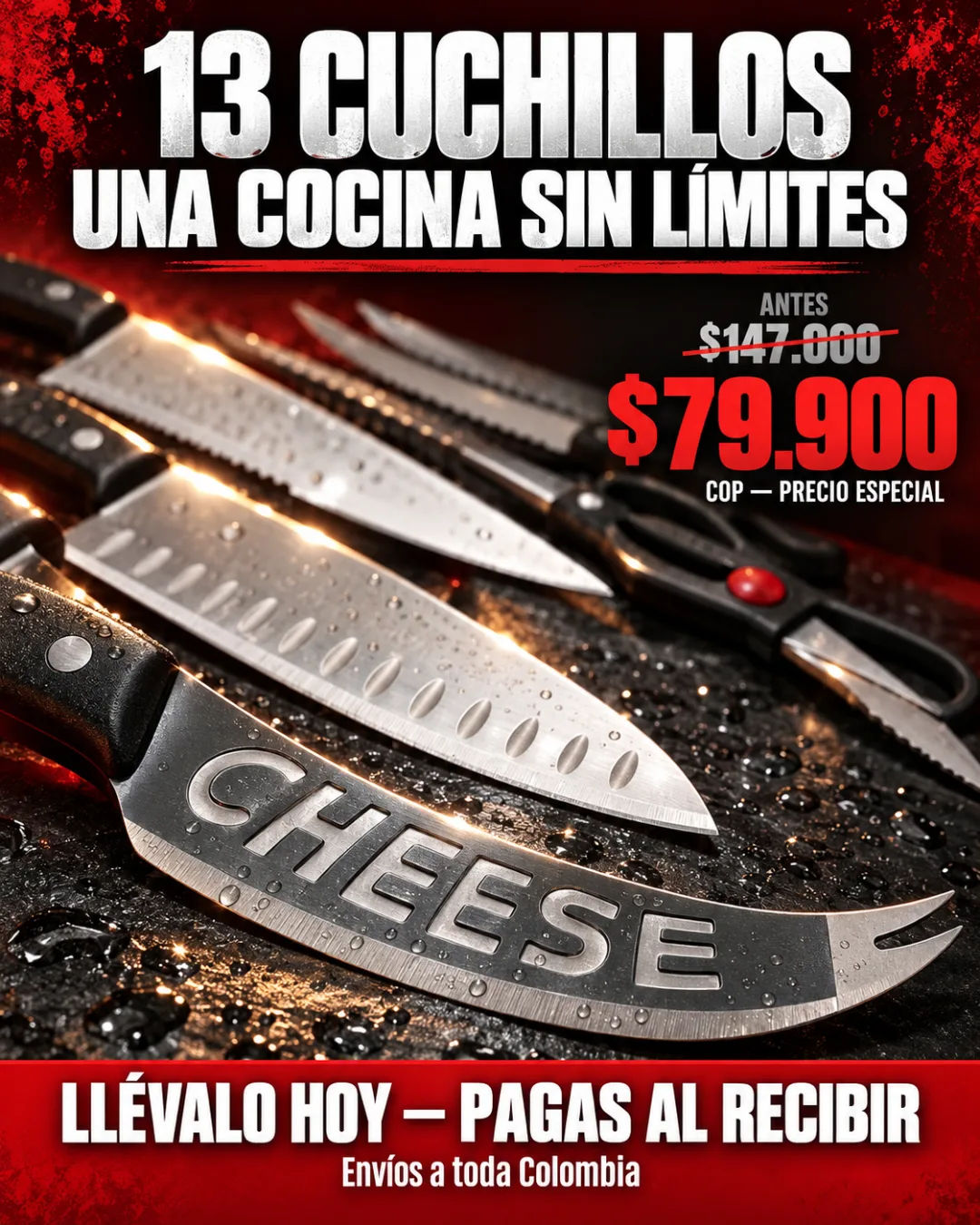 Set de 13 cuchillos Miracle Blade sobre superficie oscura