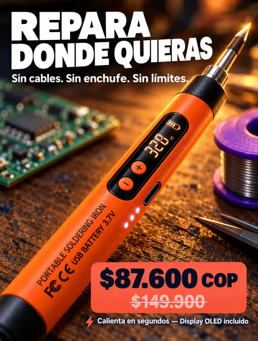 Kit completo: soldador OLED, estaño, fundente, esponja, puntas y estuche rígido