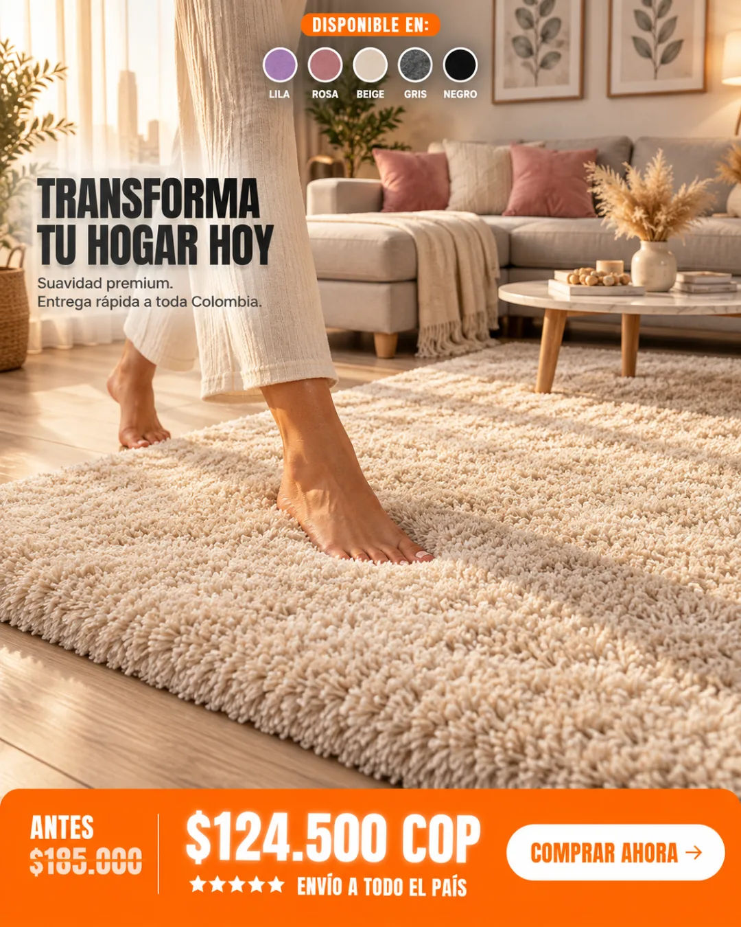 Sala transformada con alfombra shaggy beige