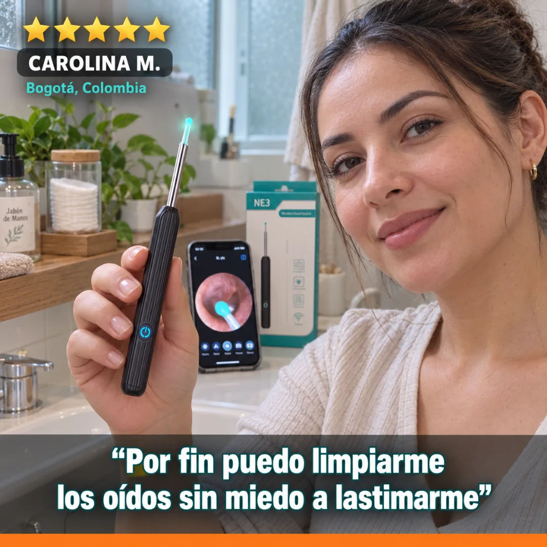 Persona usando el limpiador de oídos con cámara