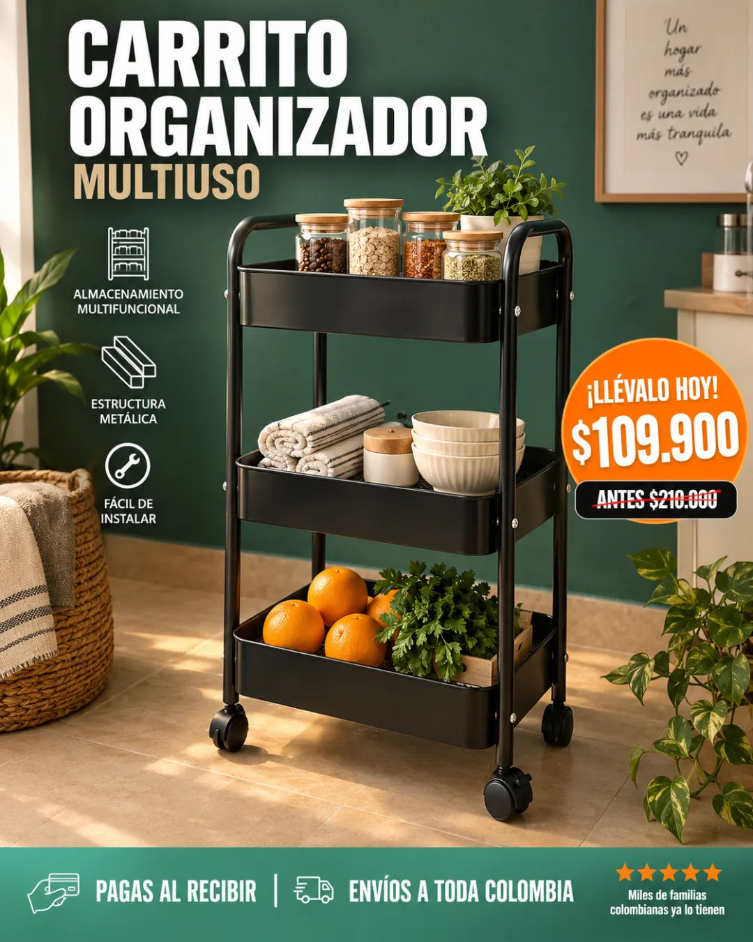 Carrito organizador metálico de tres niveles con ruedas, organizado y listo para usar