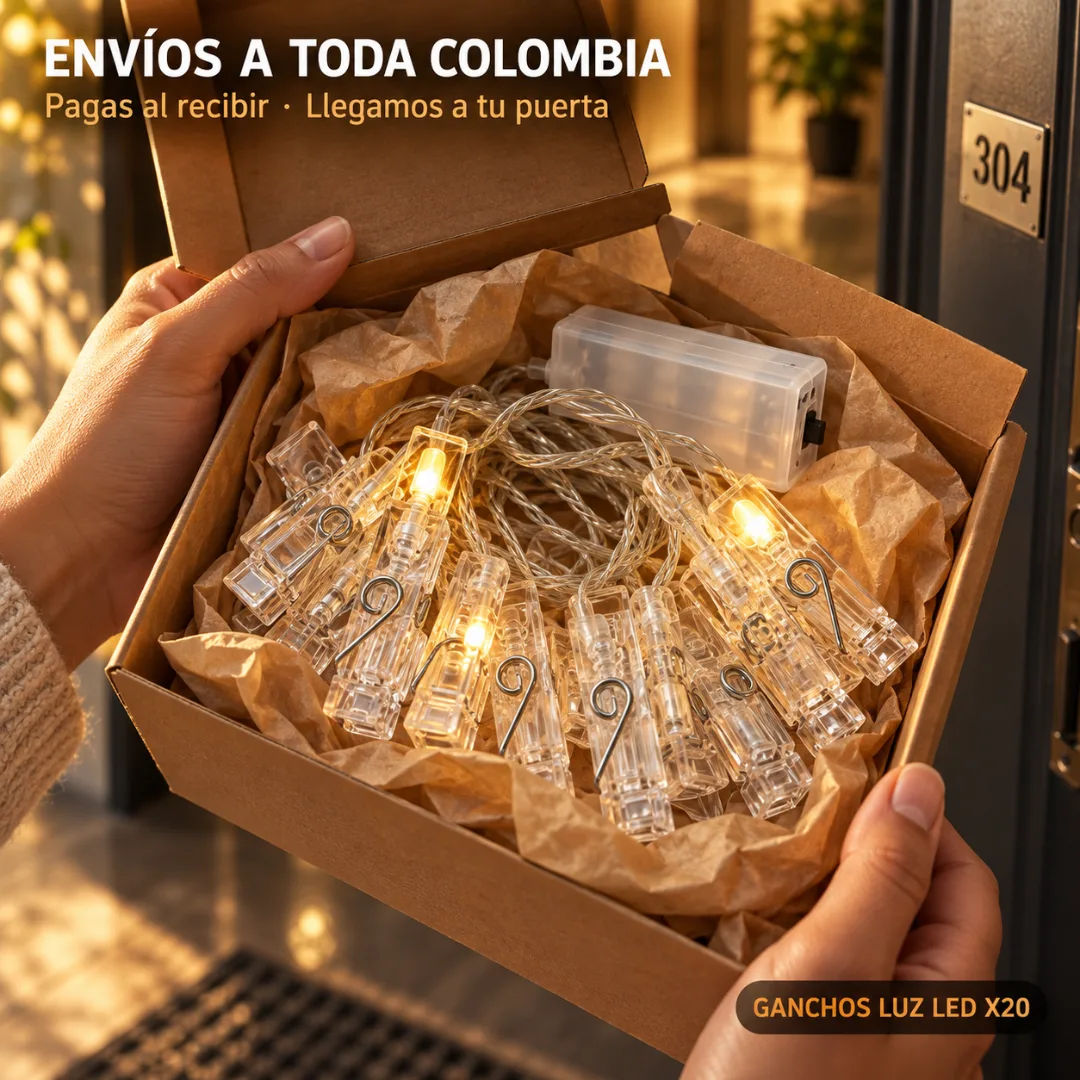 Kit completo de 20 ganchos LED iluminando fotos en una pared