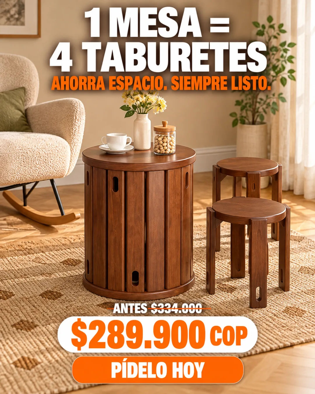 Mesa cilíndrica de madera con cuatro taburetes desplegados