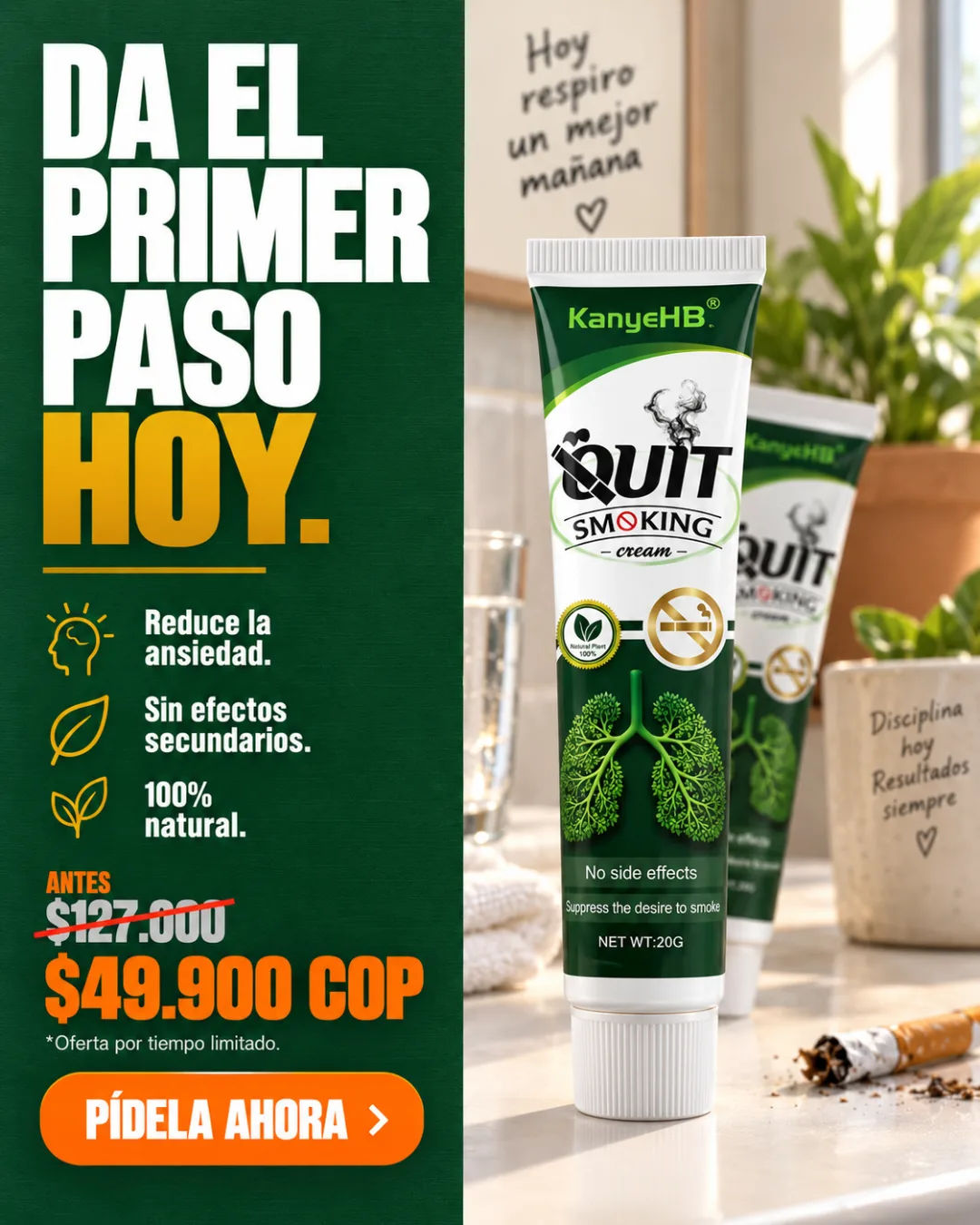 Tubo de crema para dejar de fumar sobre superficie natural