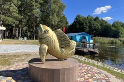 Территория Санатория Ружанский летом - инсталляция у воды