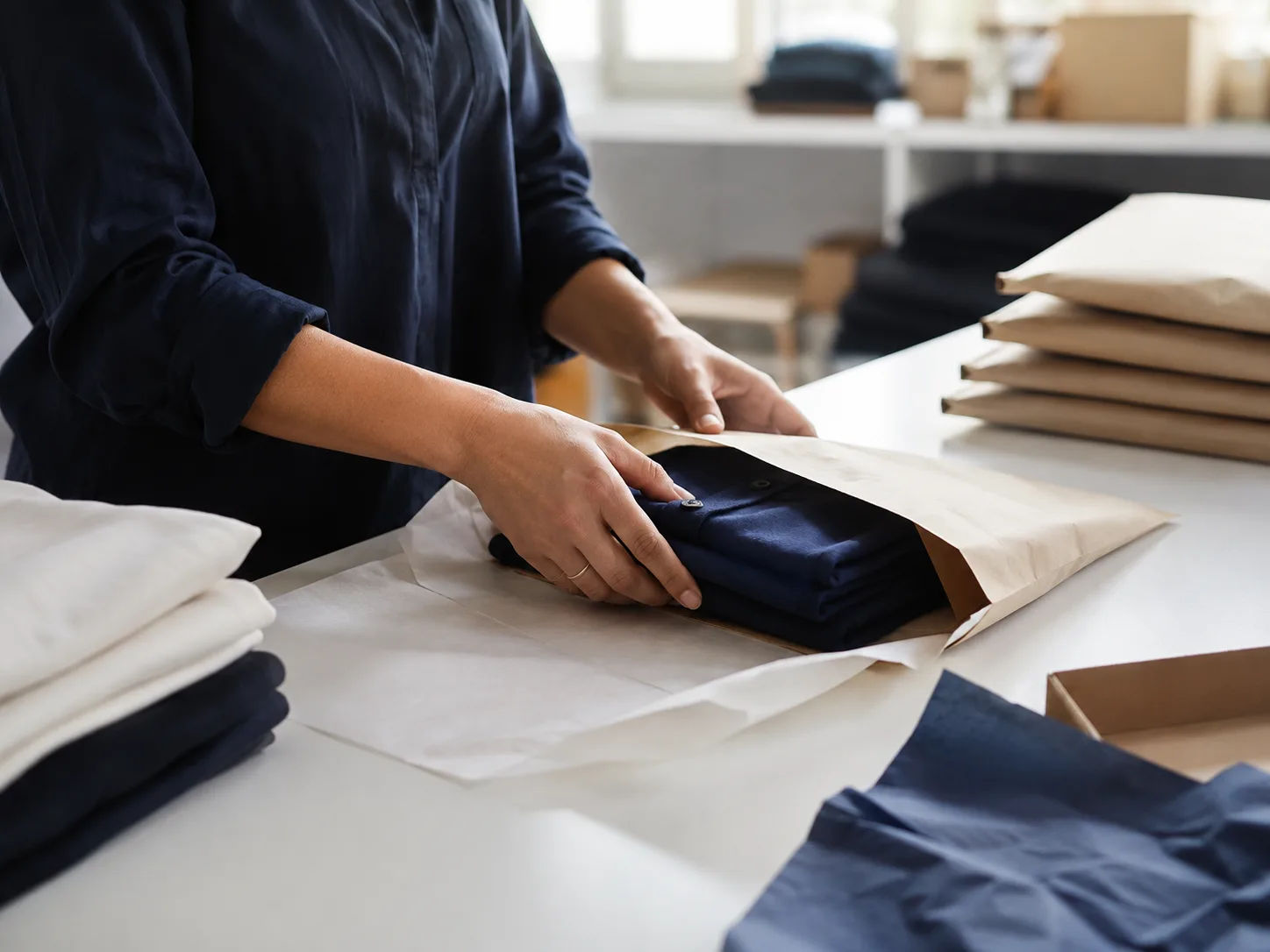 Brand fulfilment — folding and packing apparel orders at a warehouse bench