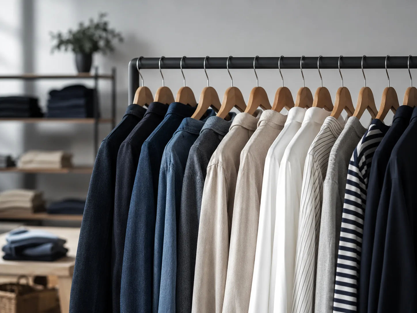 Garment rack of neatly organised clothing in a studio stockroom