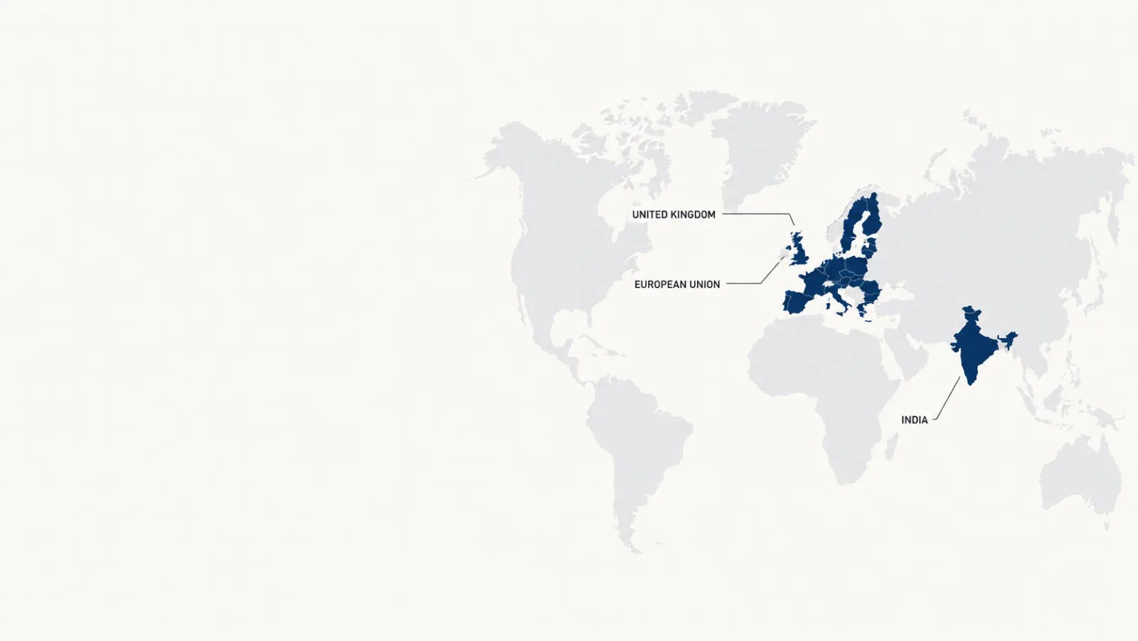 A simple map highlighting the United Kingdom, the European Union and India