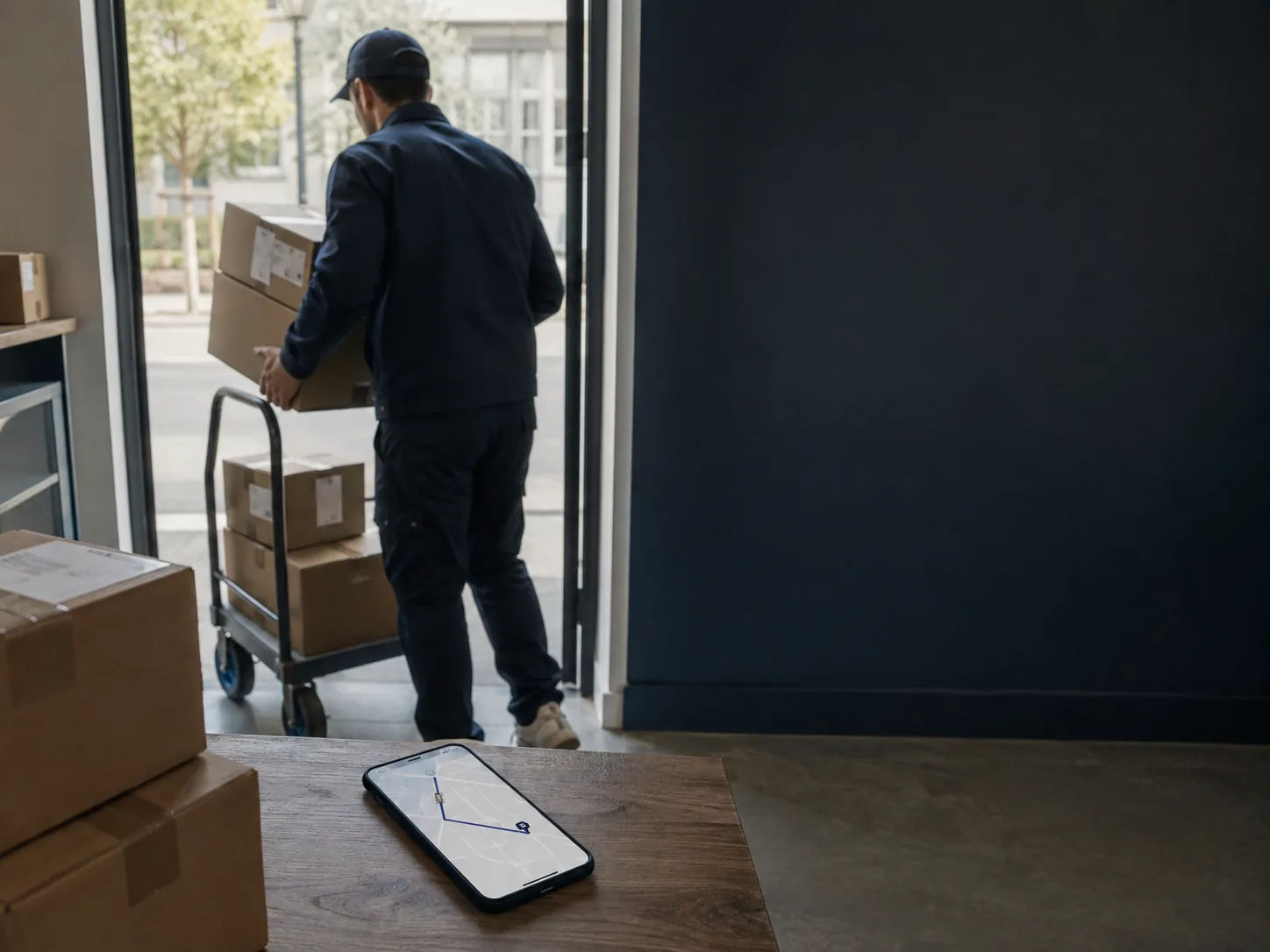 A courier collecting a stack of labelled parcels from a business