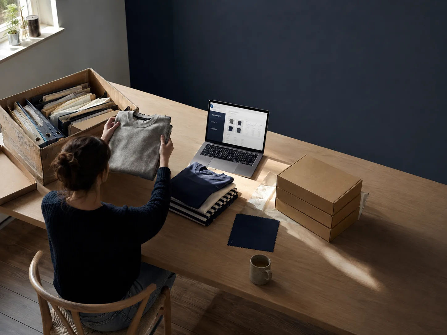 A seller setting up their new shop on a laptop, with product samples beside them