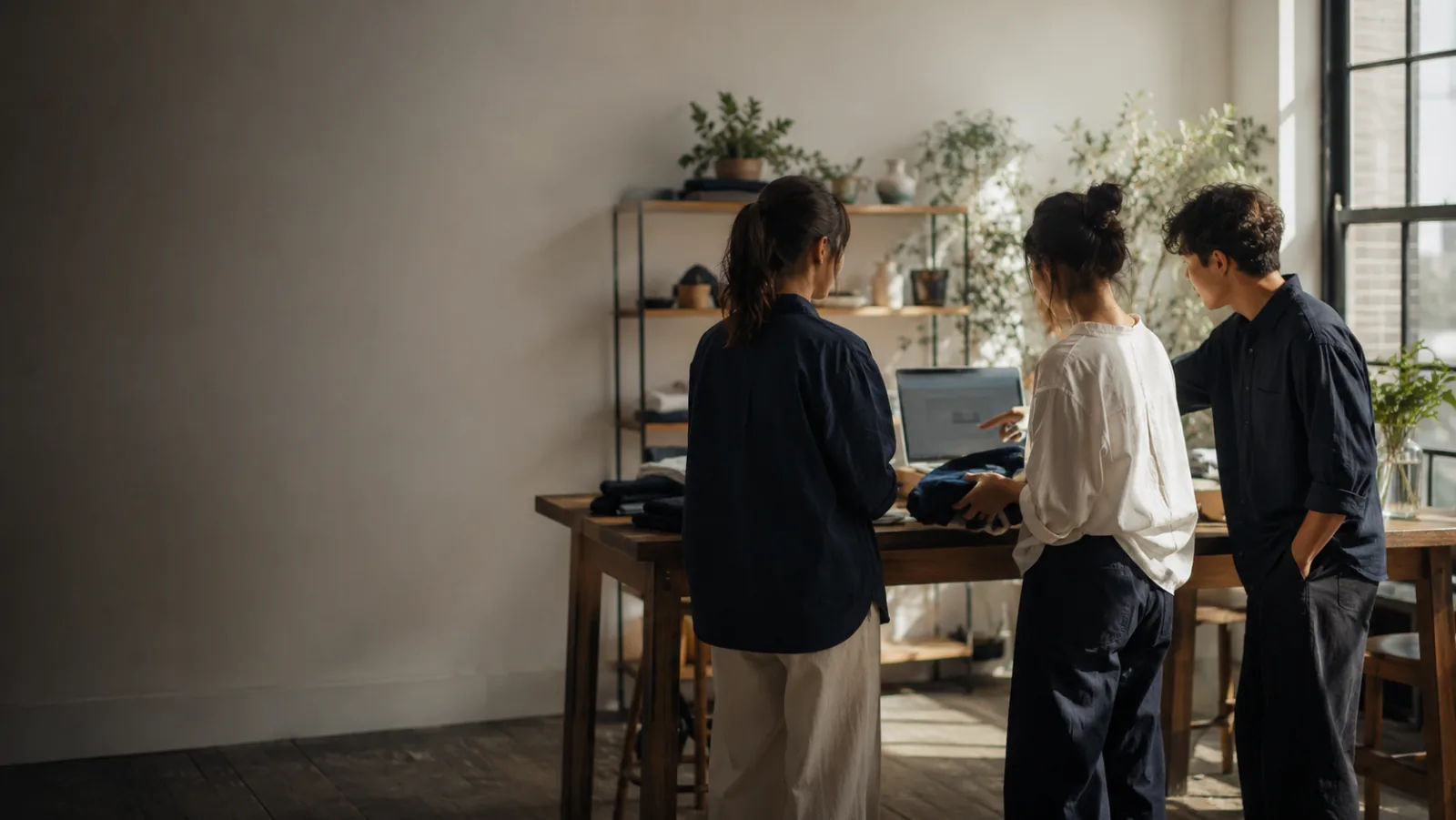 A small team working together around a laptop in a bright studio