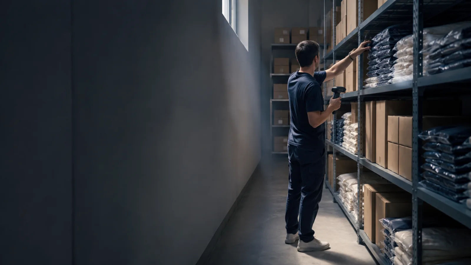 An aisle of neatly shelved stock in a small fulfilment warehouse