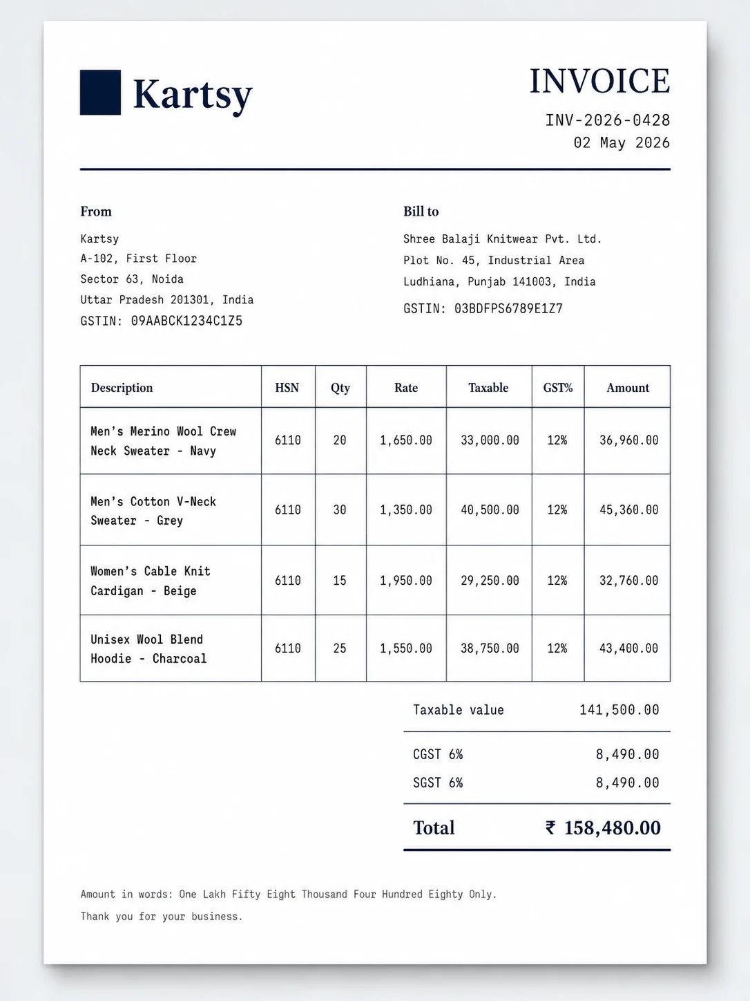 A finished invoice showing the goods, the tax applied and the total