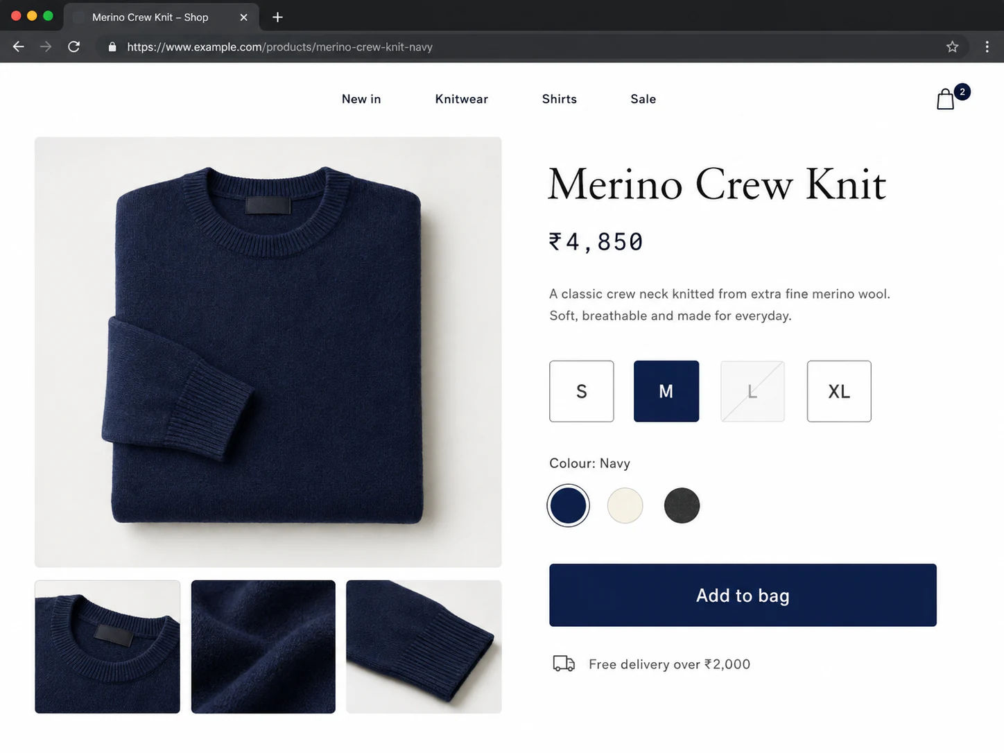A brand’s own online shop, with products laid out and a size selector