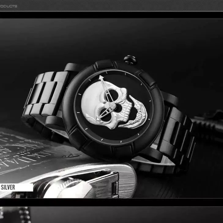 Produk Jam Tangan Analog Pria Skull Tengkorak Original Stainlees Steel Silver 9178