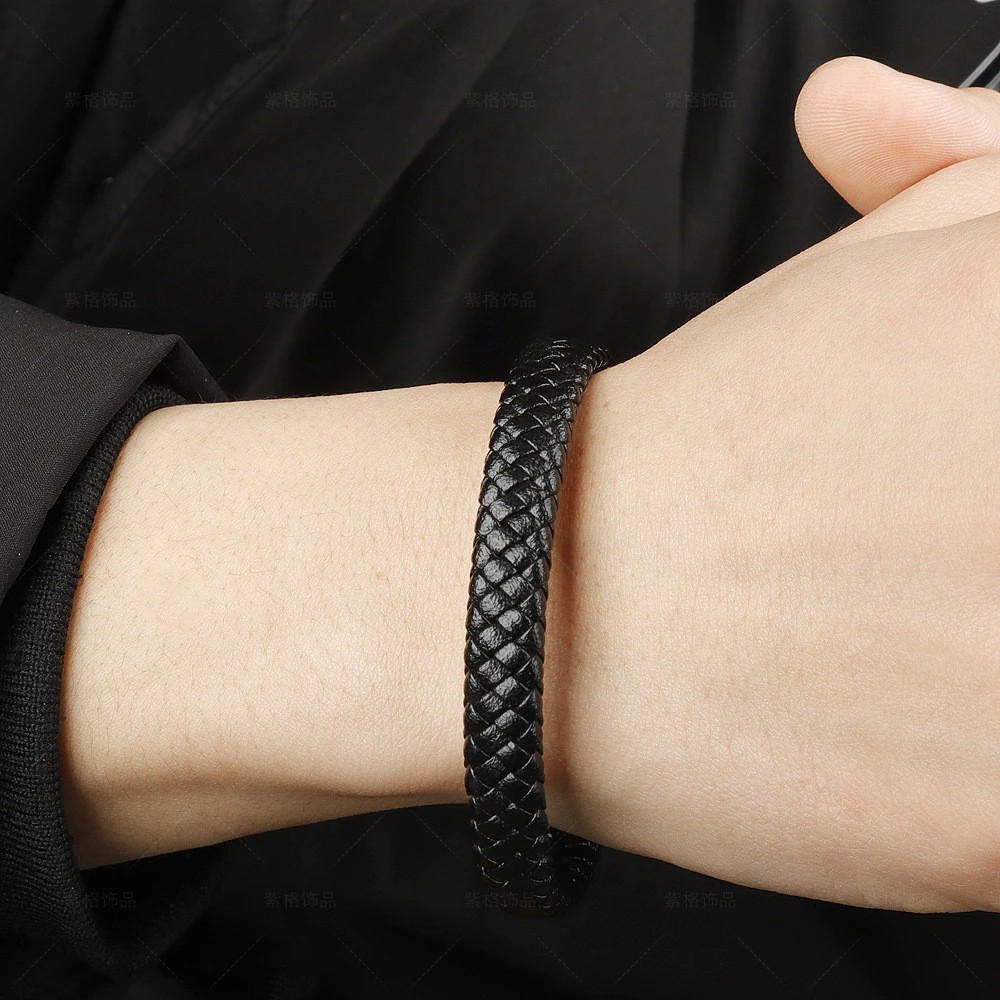 Produk Gelang Pria Kulit Anyam Hitam Premium Magnetic Buckle Stylish Minimalis