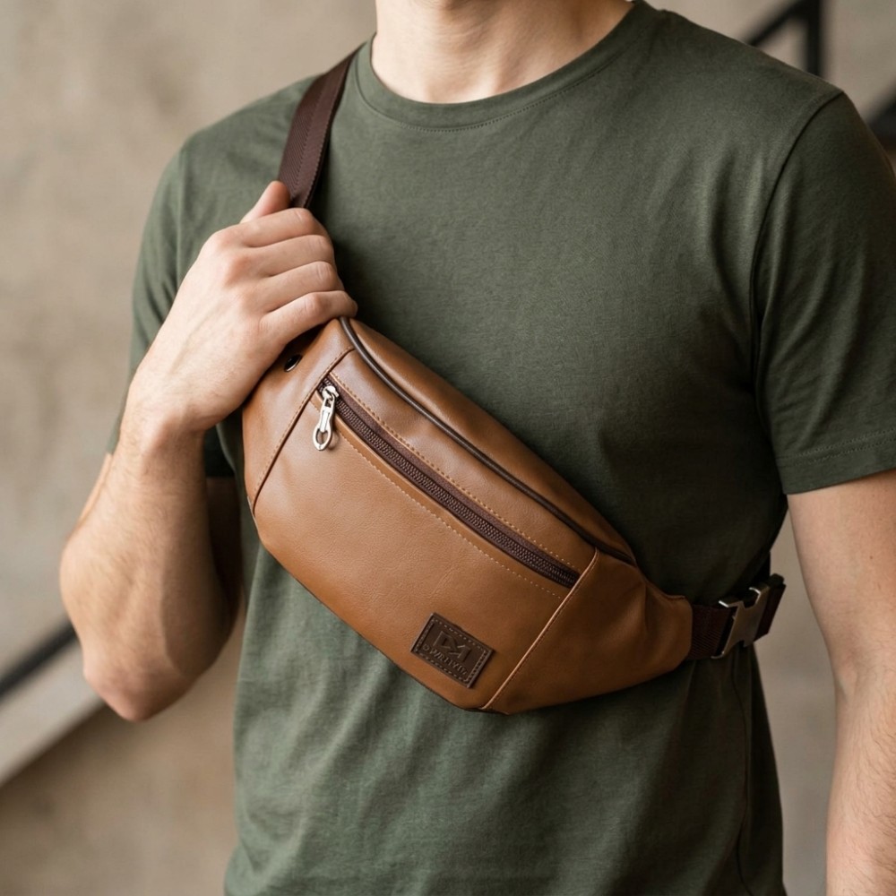 Produk Tas Pinggang Pria Coklat Muda Waist Bag Kulit Sintetis Premium - Light Brown