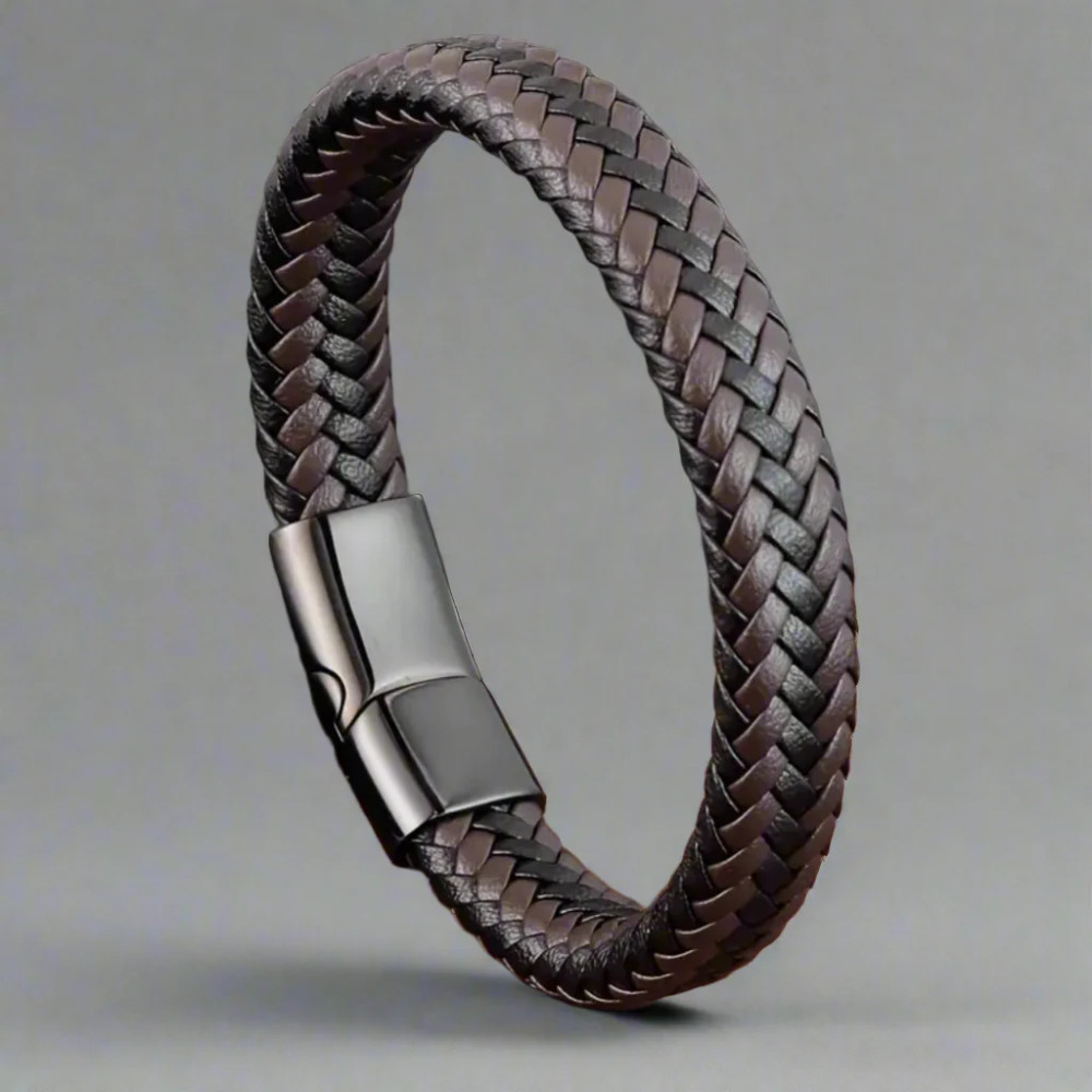 Produk Gelang Pria Kulit Anyam Coklat Combi Premium Magnetic Buckle Stylish Minimalis